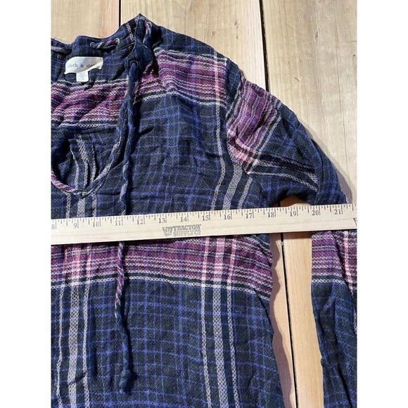 Anthropologie Cloth & Stone Plaid Boho Long Sleeve V Neck Mini Dress Size S - Picture 3 of 5